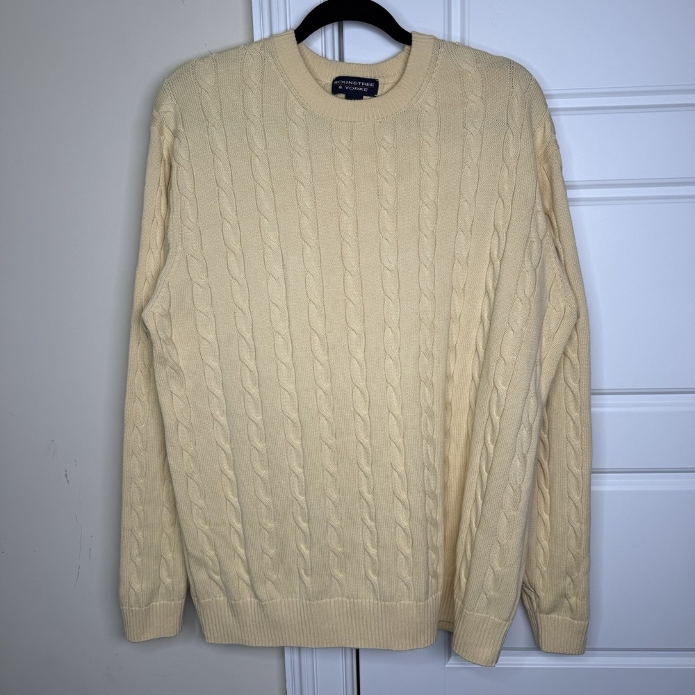 Roundtree & Yorke Cable Knit Sweater Men's Large Yellow Cotton Fisherman Spring